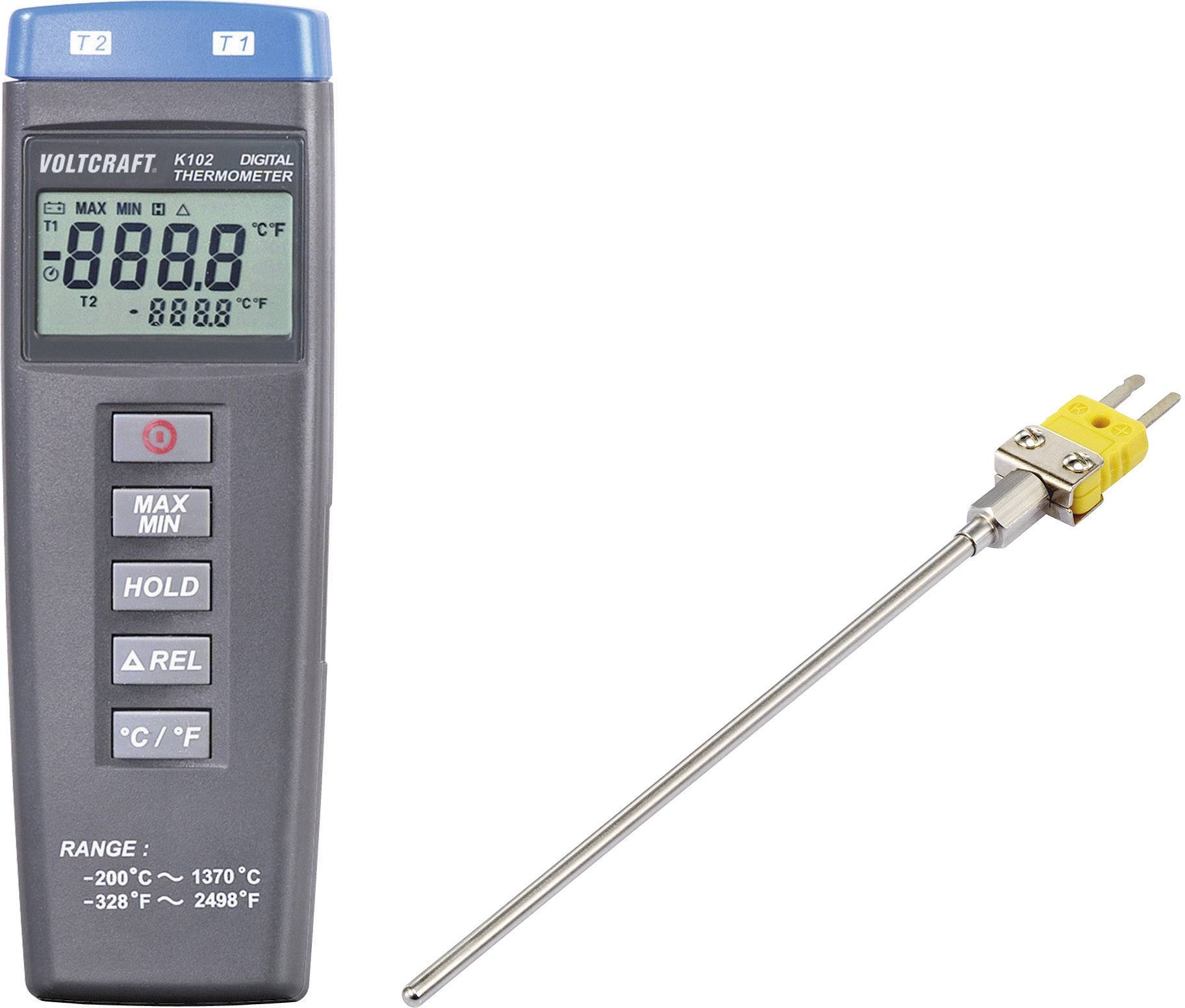 Digital thermometer with long temperature probe. Display shows '888.8 °C' and '888.8 °F'. Suitable for measurements from -200 °C to 1370 °C.