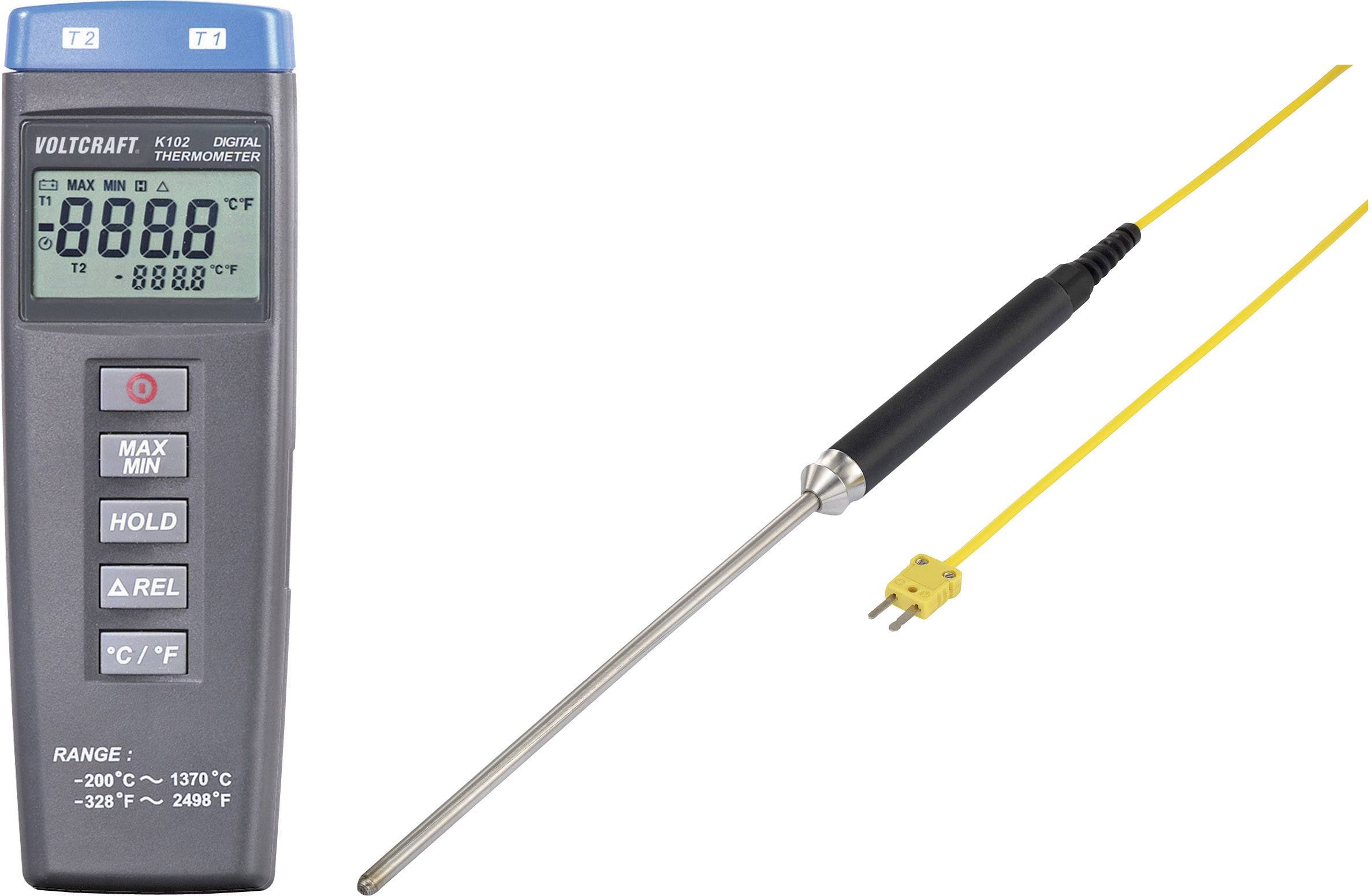 Digital thermometer with long metal probe and yellow cable. Displays temperature. Suitable for precise temperature measurements.