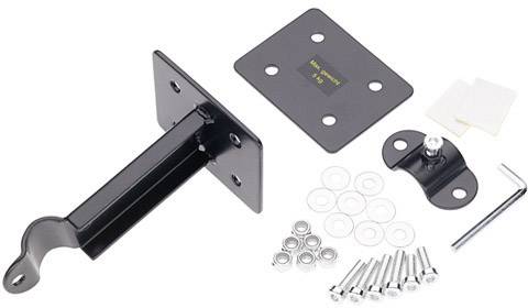 Mounting Kit for a TV Wall Bracket, comprising a metal bracket, mounting screws, nuts, spacer washers, and an Allen key.