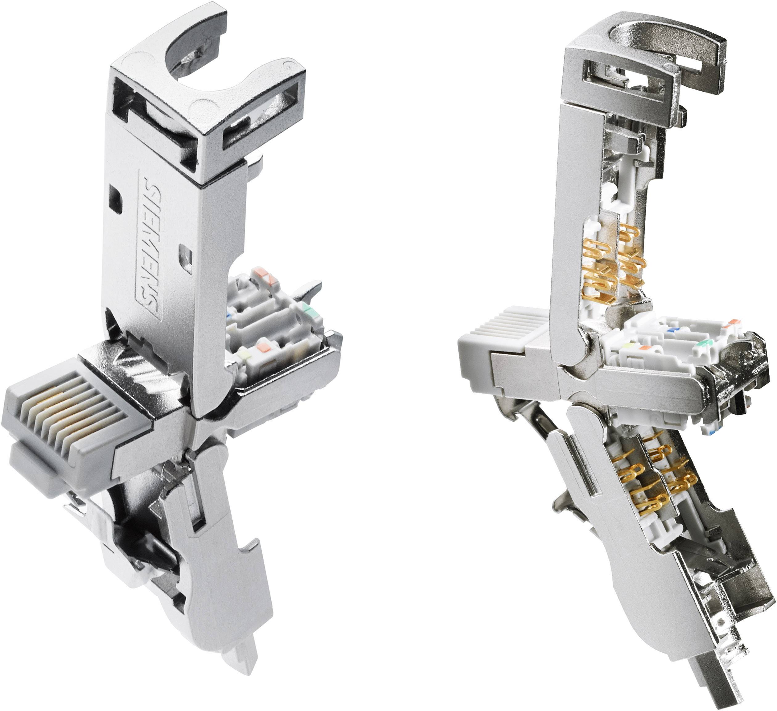 CAT 6A RJ45 plug by Siemens in a metallic housing, opened to reveal its internal cable and contact structure.