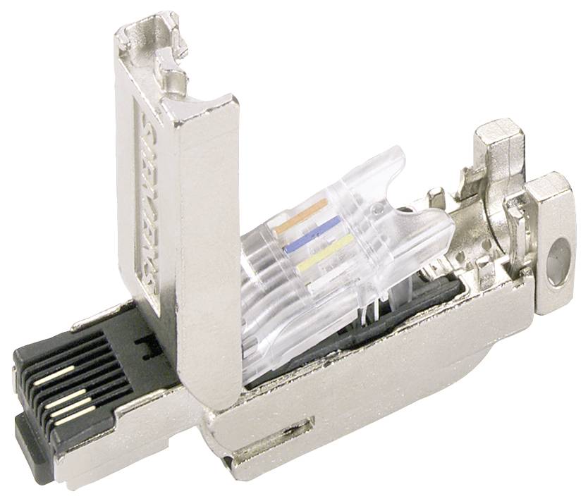 A metal RJ45 connector, partially opened, shows the colored cables inside. It serves for network connection.