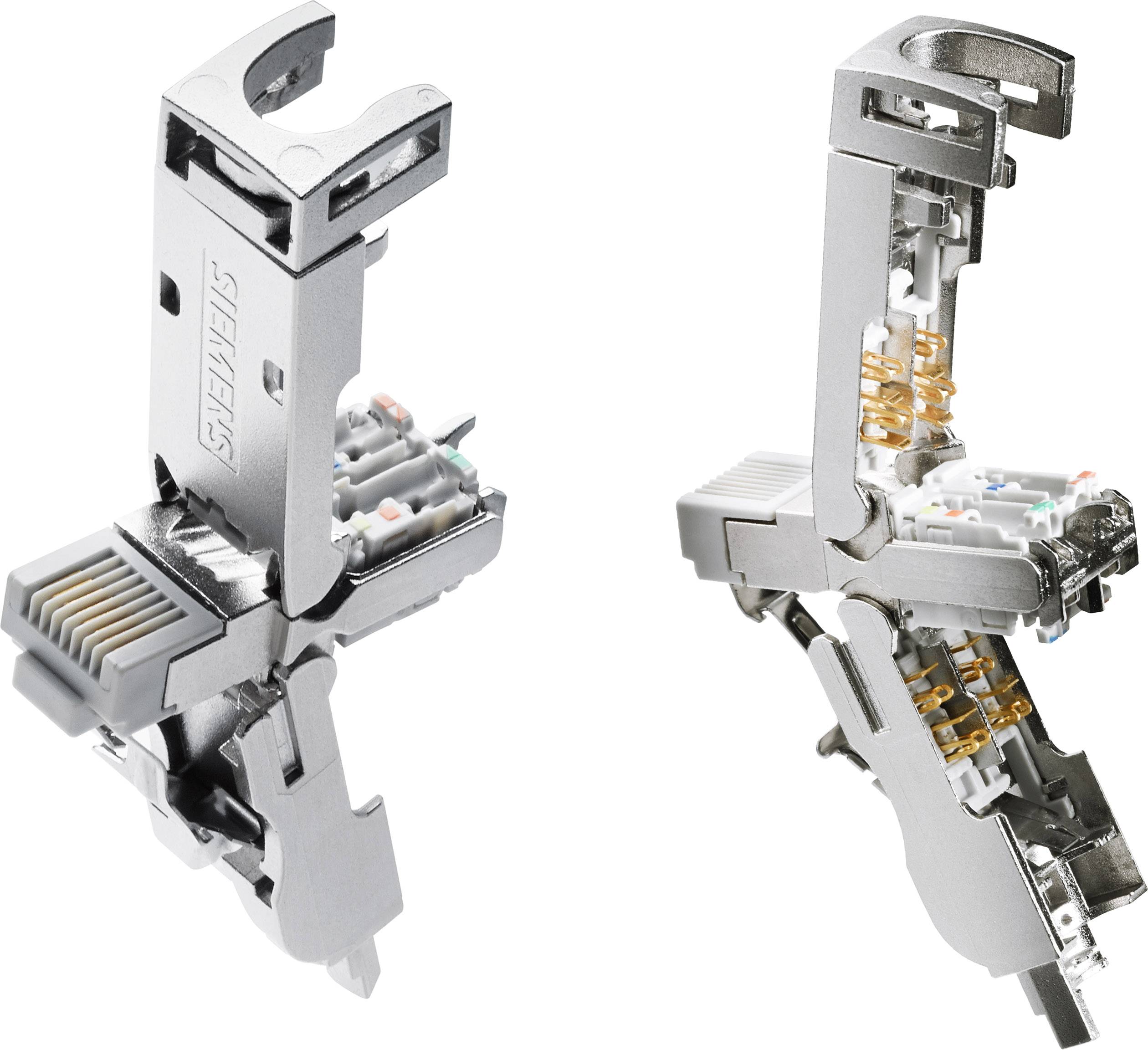 A modular plug system with an open casing reveals the internal connections and metal contacts, suitable for network cable installation.