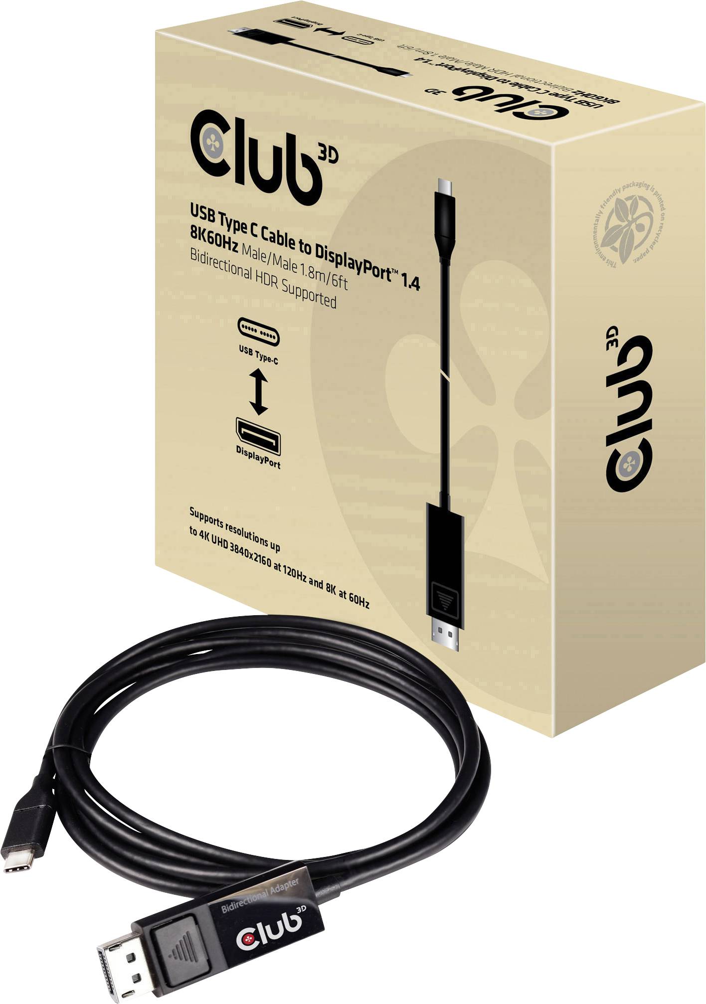 'Club 3D USB-C to DisplayPort Cable, 1.8m, supports 8K60Hz, bidirectional HDR.' Packaging and cable visible.