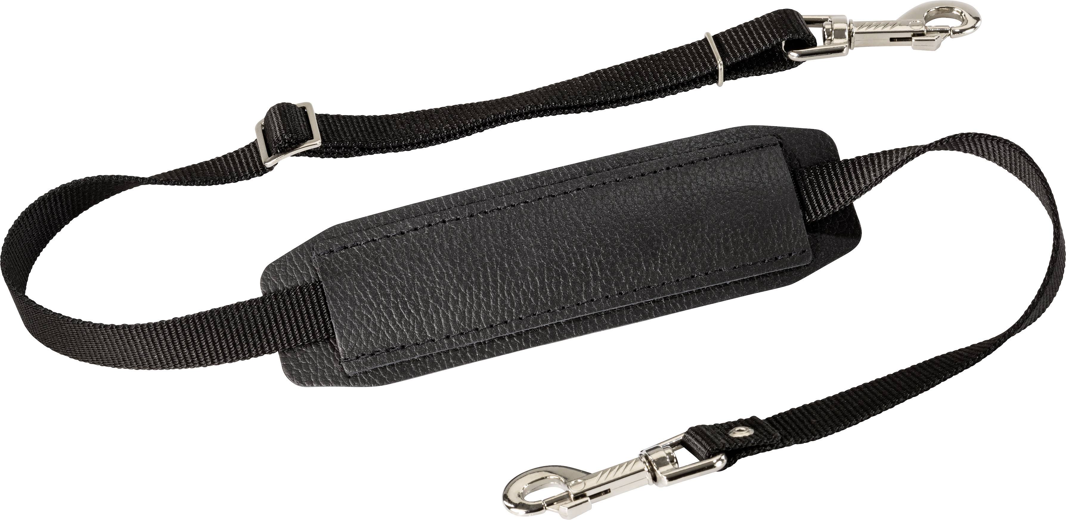 A black shoulder strap with adjustable buckles and carabiners at both ends.