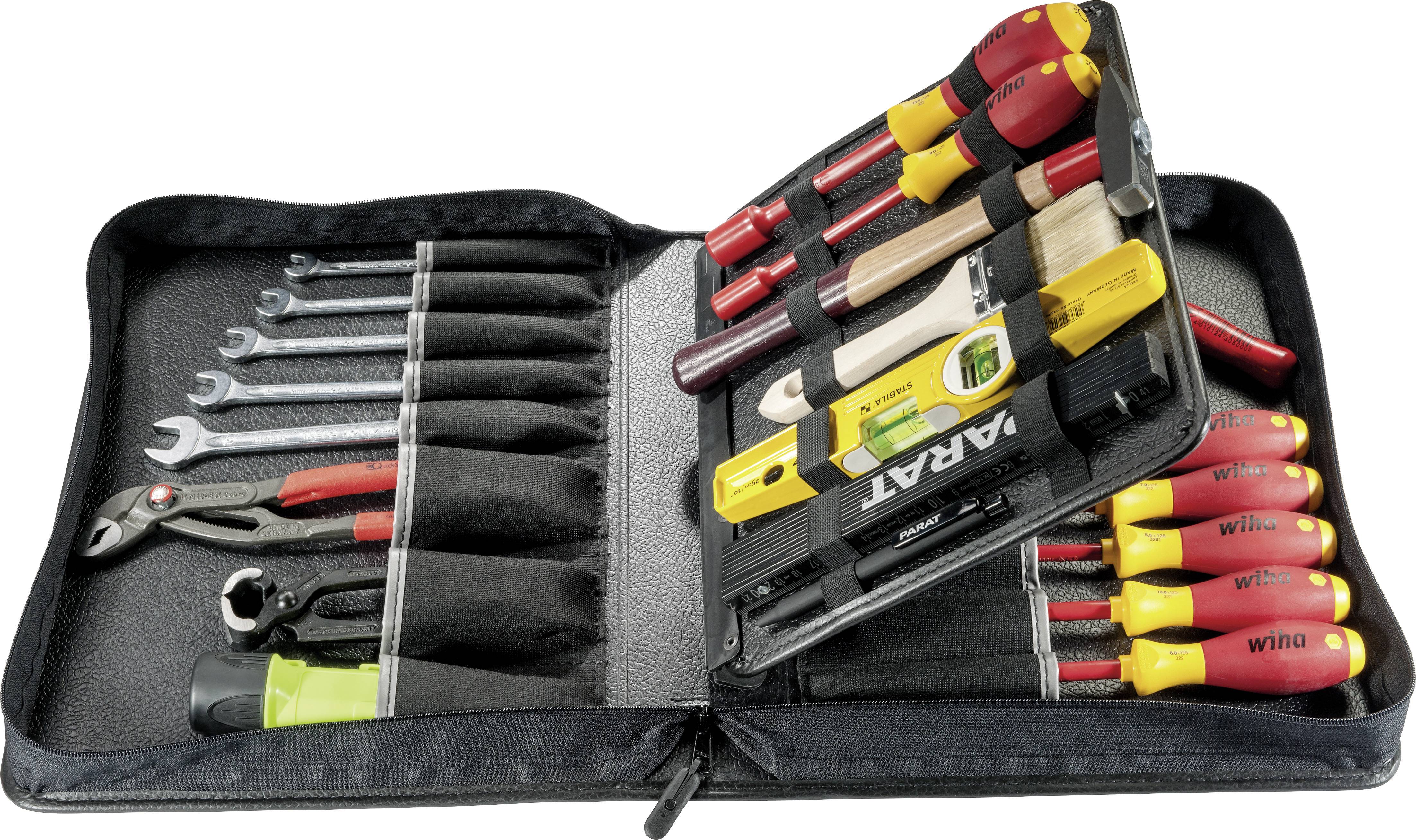 Tool set with pliers, screwdrivers, spanners, and a measuring tape in an open case.