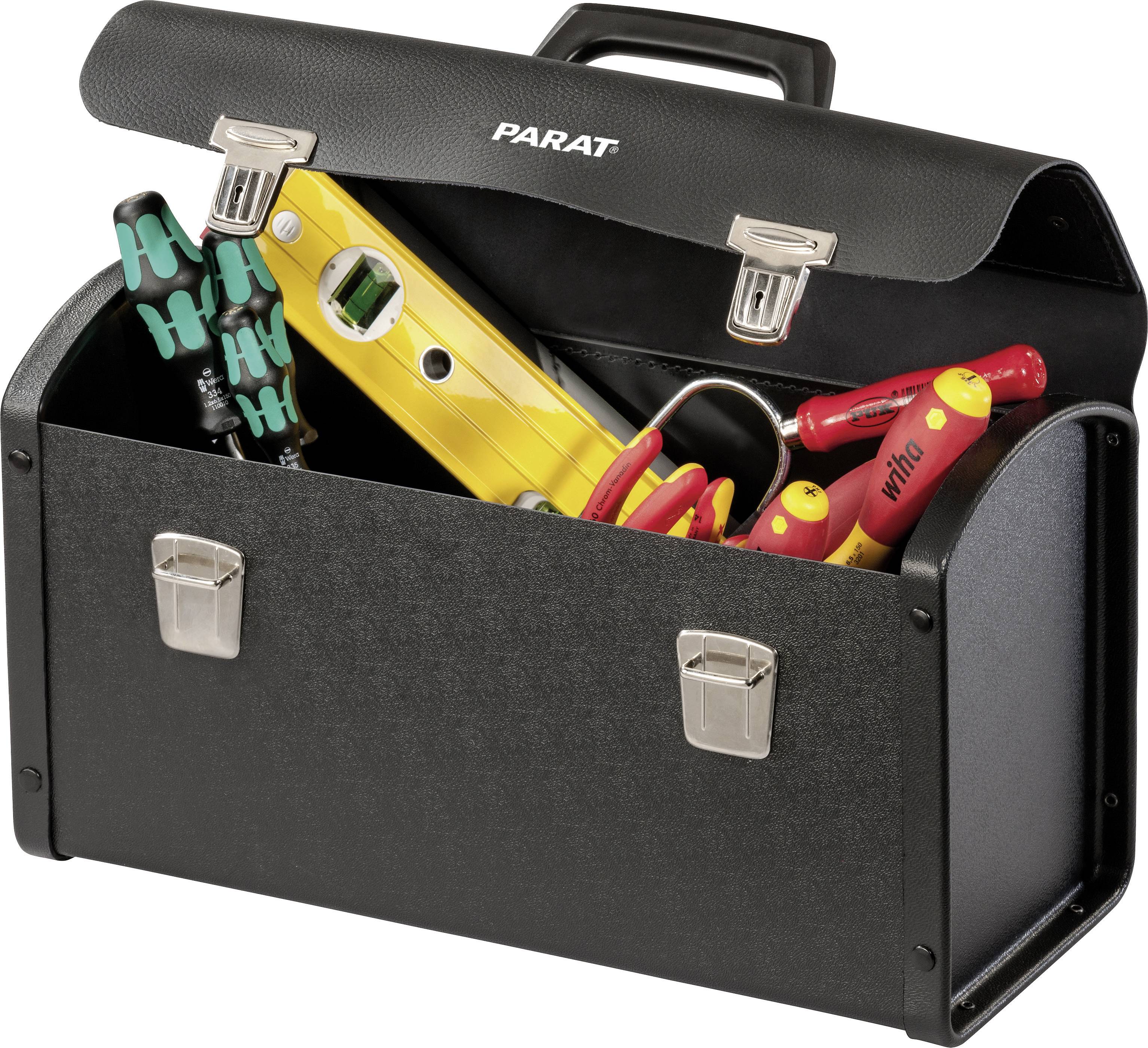 Leather-effect tool case, opened, displaying various tools such as screwdrivers, spirit level and pliers.