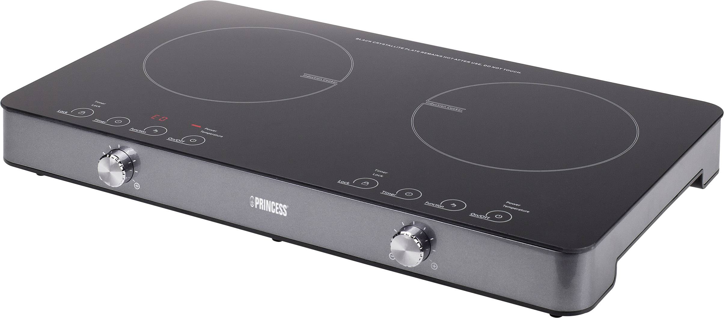 A black double induction hob with two circular cooking zones, multiple control knobs, and a digital display in the centre.