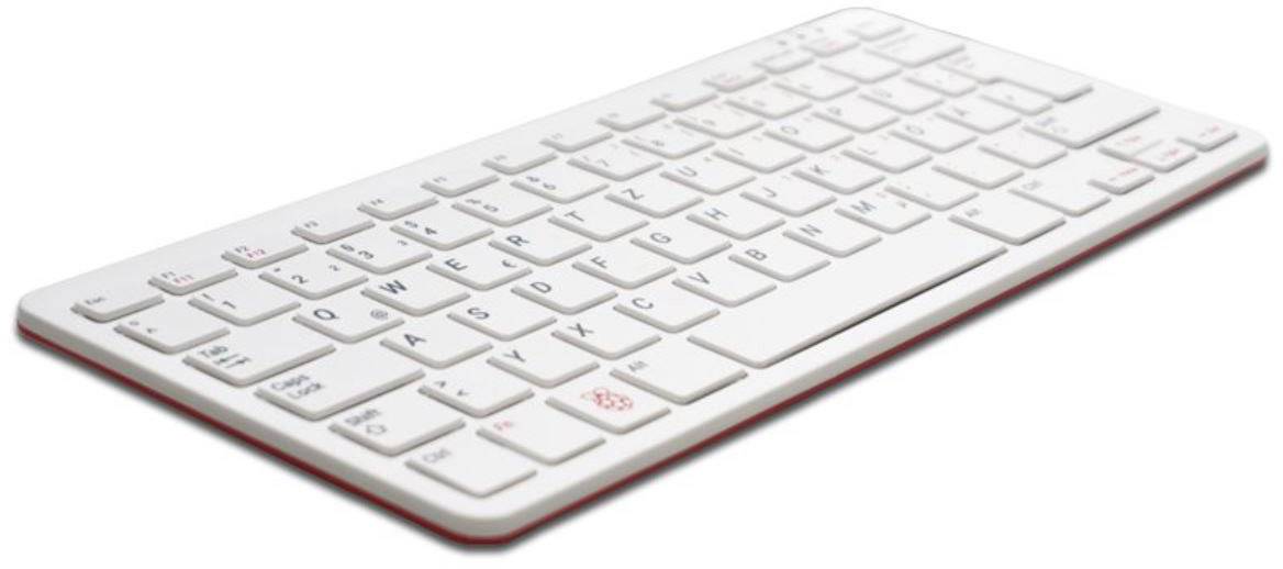 White, flat computer keyboard in side view with red accents along the bottom. No visible brands or labels.