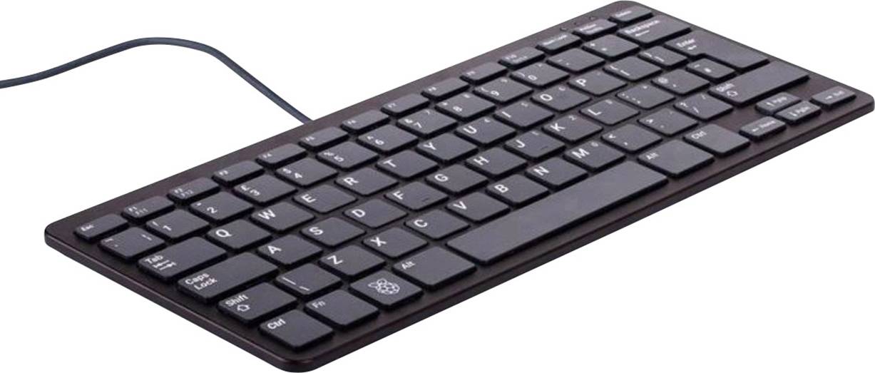 A black, wired computer keyboard from an angled perspective. It has flat, rectangular keys without an additional number pad.
