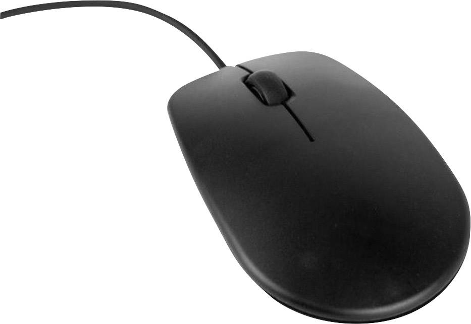 Black, wired computer mouse with scroll wheel, side view. Suitable for desktop computers and laptops.
