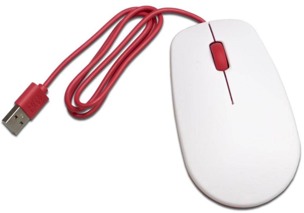 White computer mouse with a red scroll wheel and USB cable, on a white background.