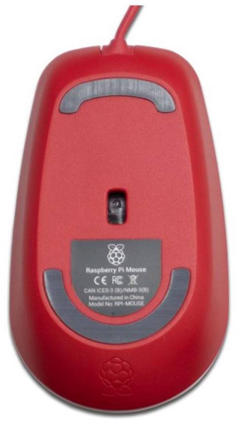 Red computer mouse viewed from underneath; showing optical sensor and product information.