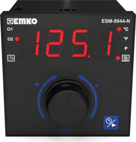 A black temperature display device with a red LED display shows '125.1'. It has a rotary control knob and symbols for Celsius and Fahrenheit.