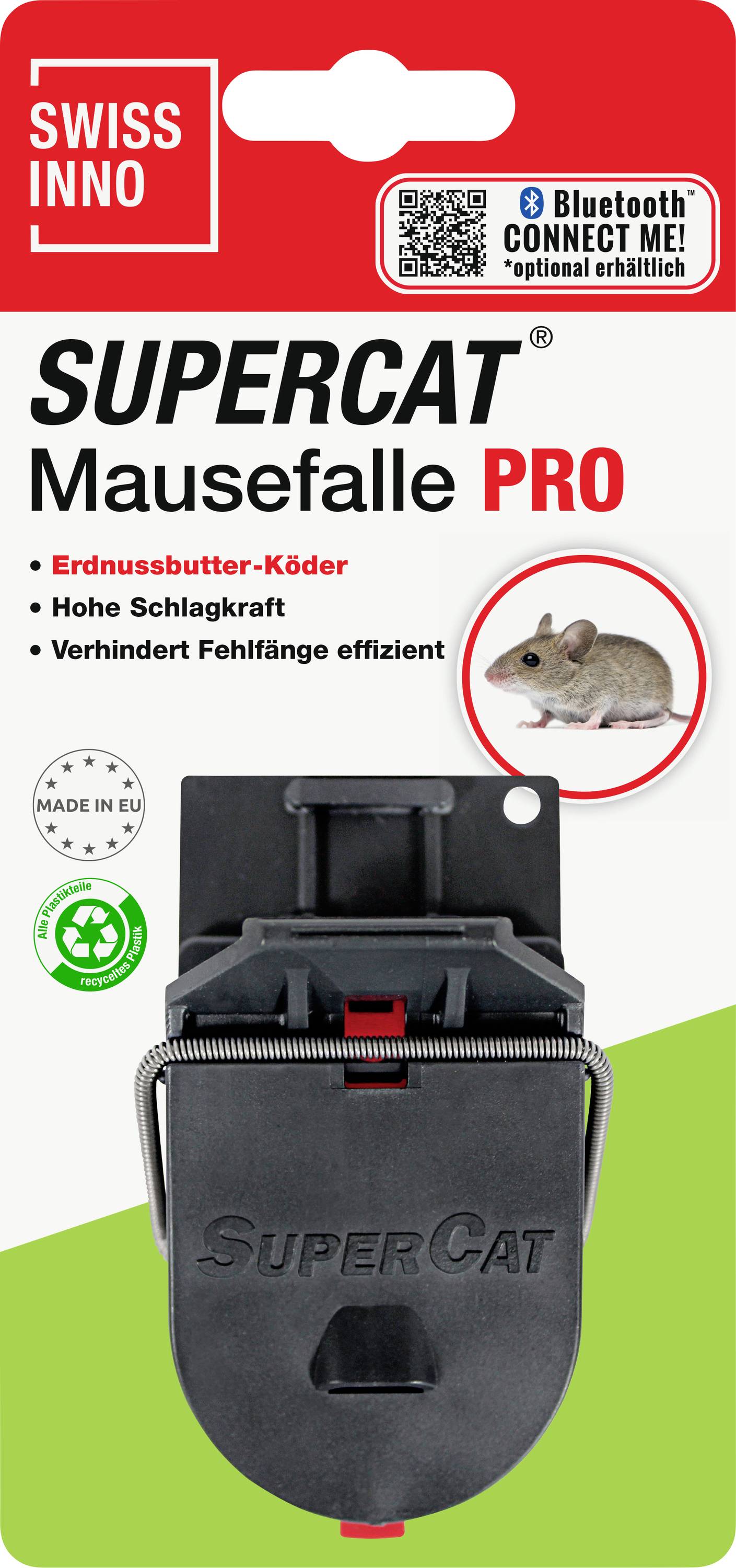 'Swiss Inno SuperCat Mausefalle Pro' trap package features a black mouse trap with a peanut butter bait. Includes Bluetooth connectivity option.