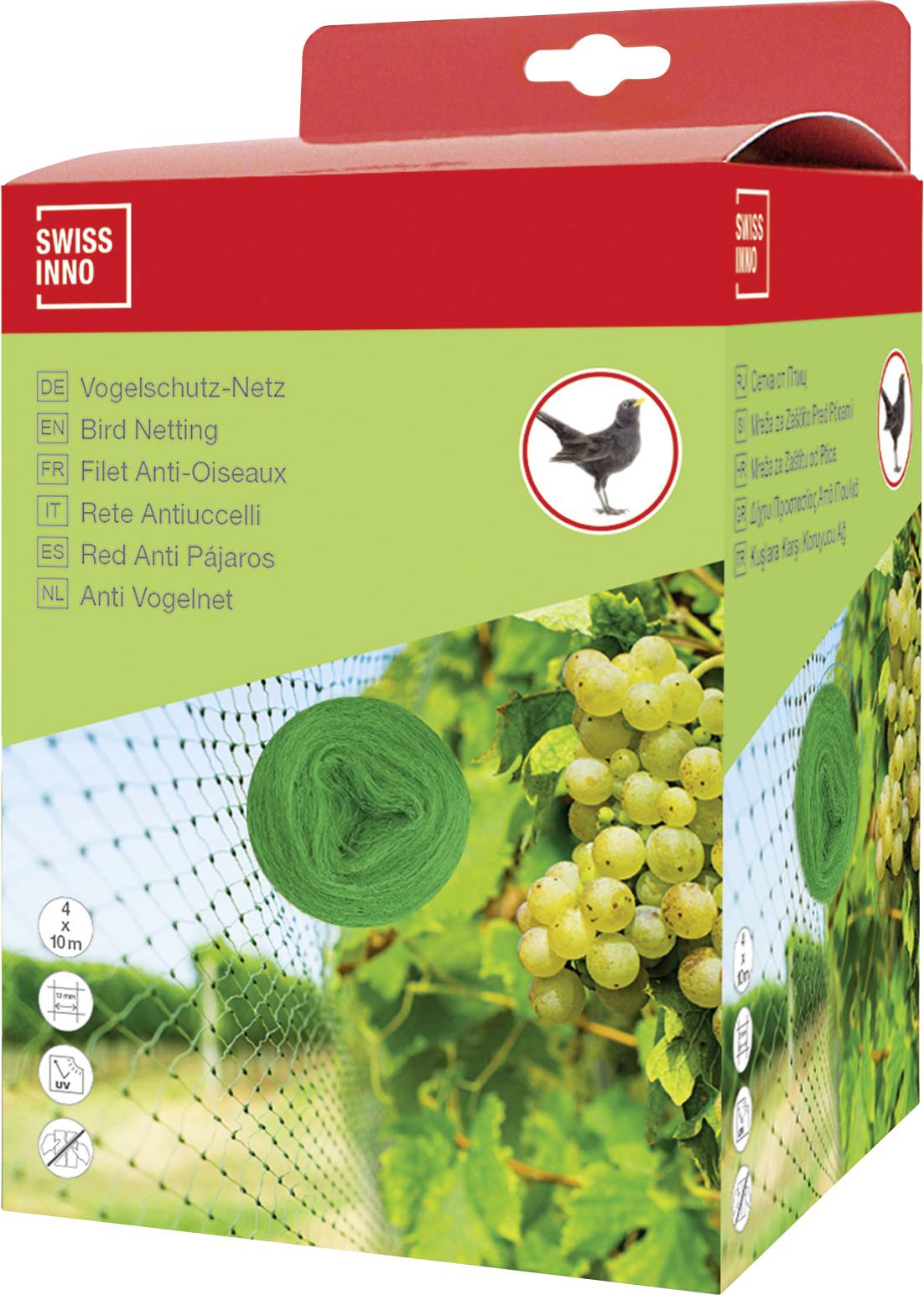 Box of bird netting with image of green mesh covering grapevines. Various languages list product as 'Bird Netting' on packaging.