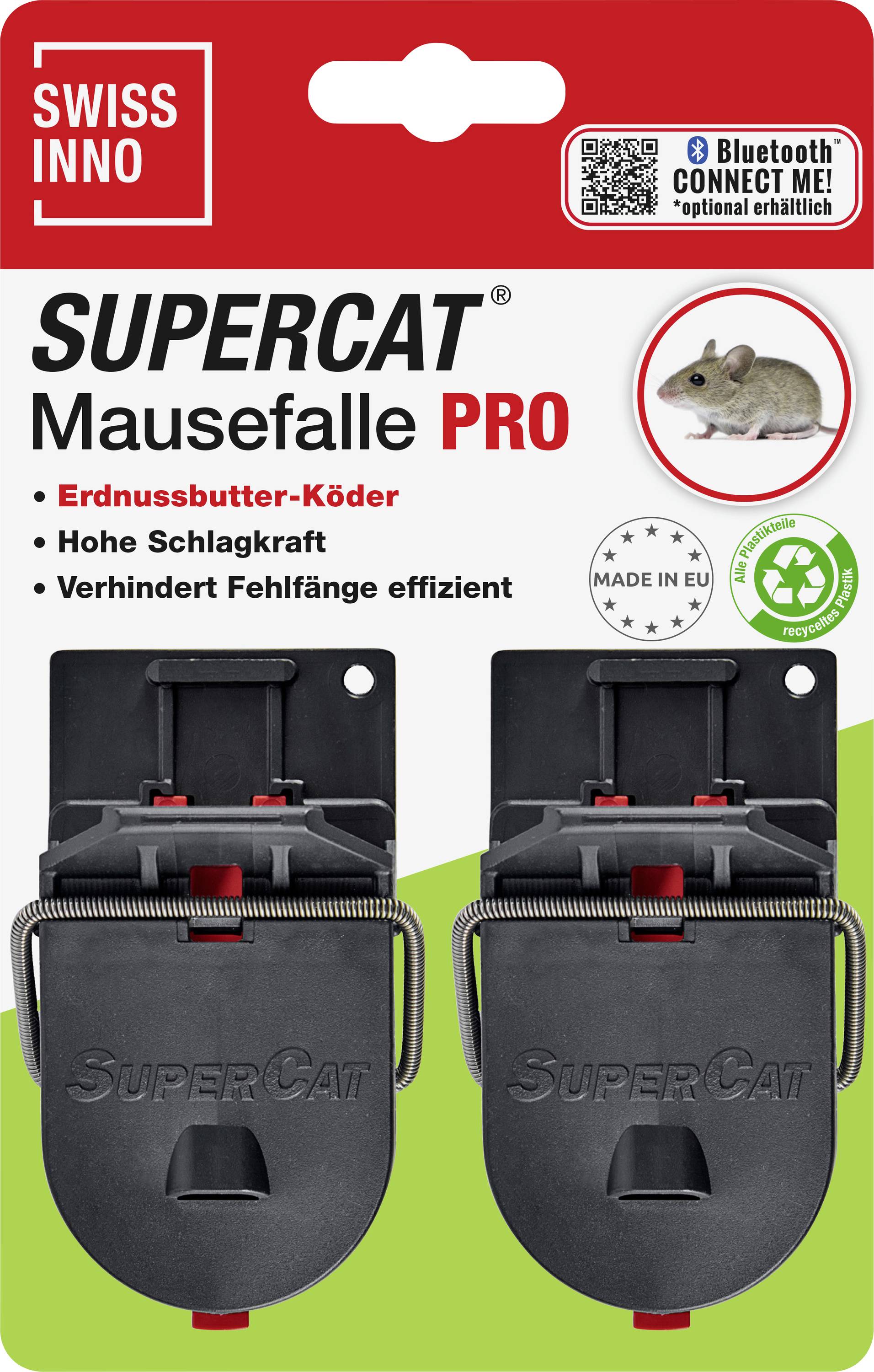 Package of 'Supercat' Mousetrap Pro featuring two traps, highlighting high impact and effective design. Includes a Bluetooth connectivity option.