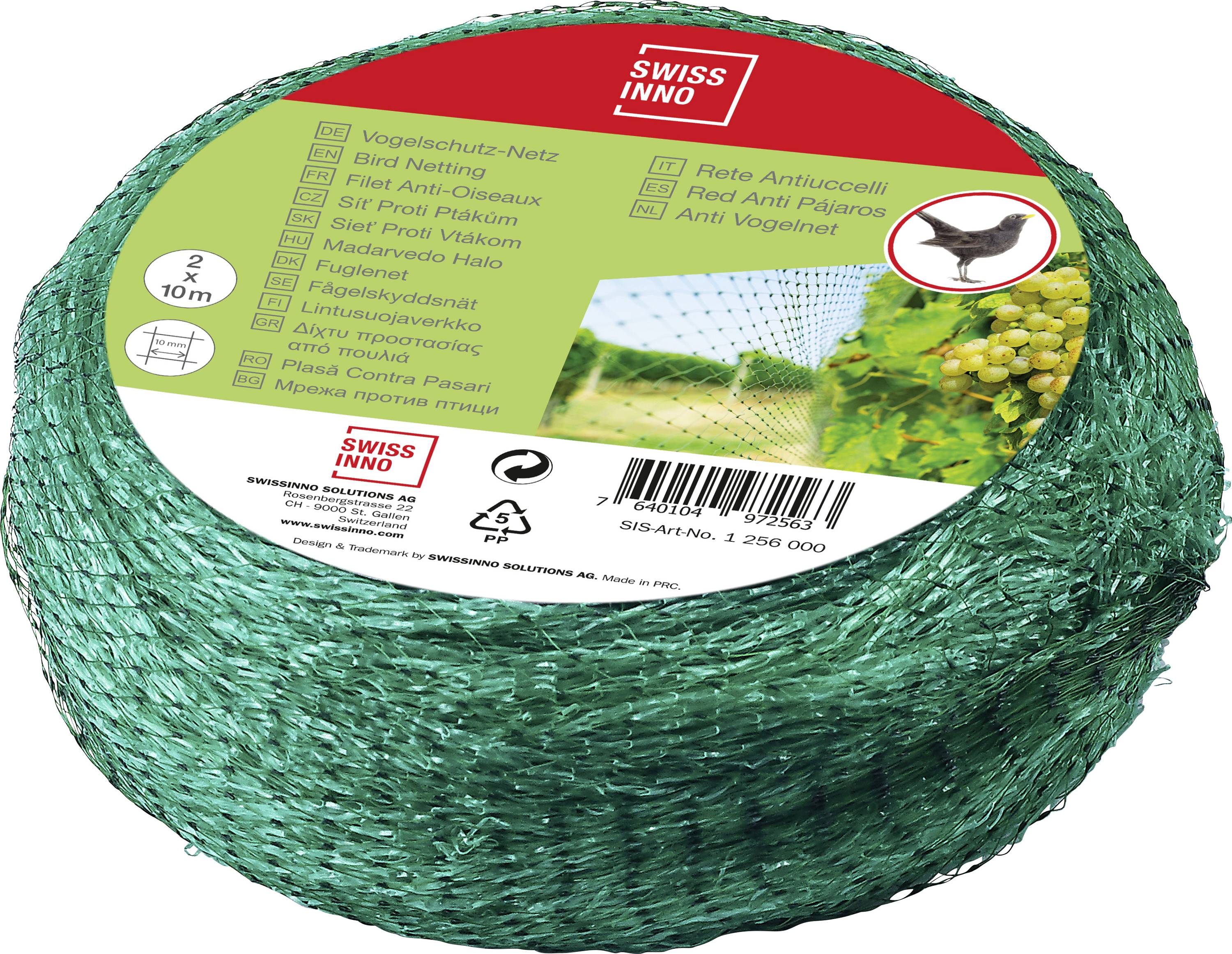 Green bird netting roll, 2x10m, 'Bird Netting - Nets' label, bird and vineyard image on packaging. Suitable for protecting crops from birds.