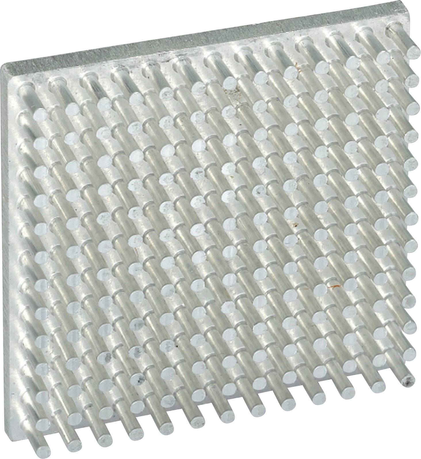 Silver metal heatsink with multiple vertical pins for heat dissipation, viewed diagonally from above.