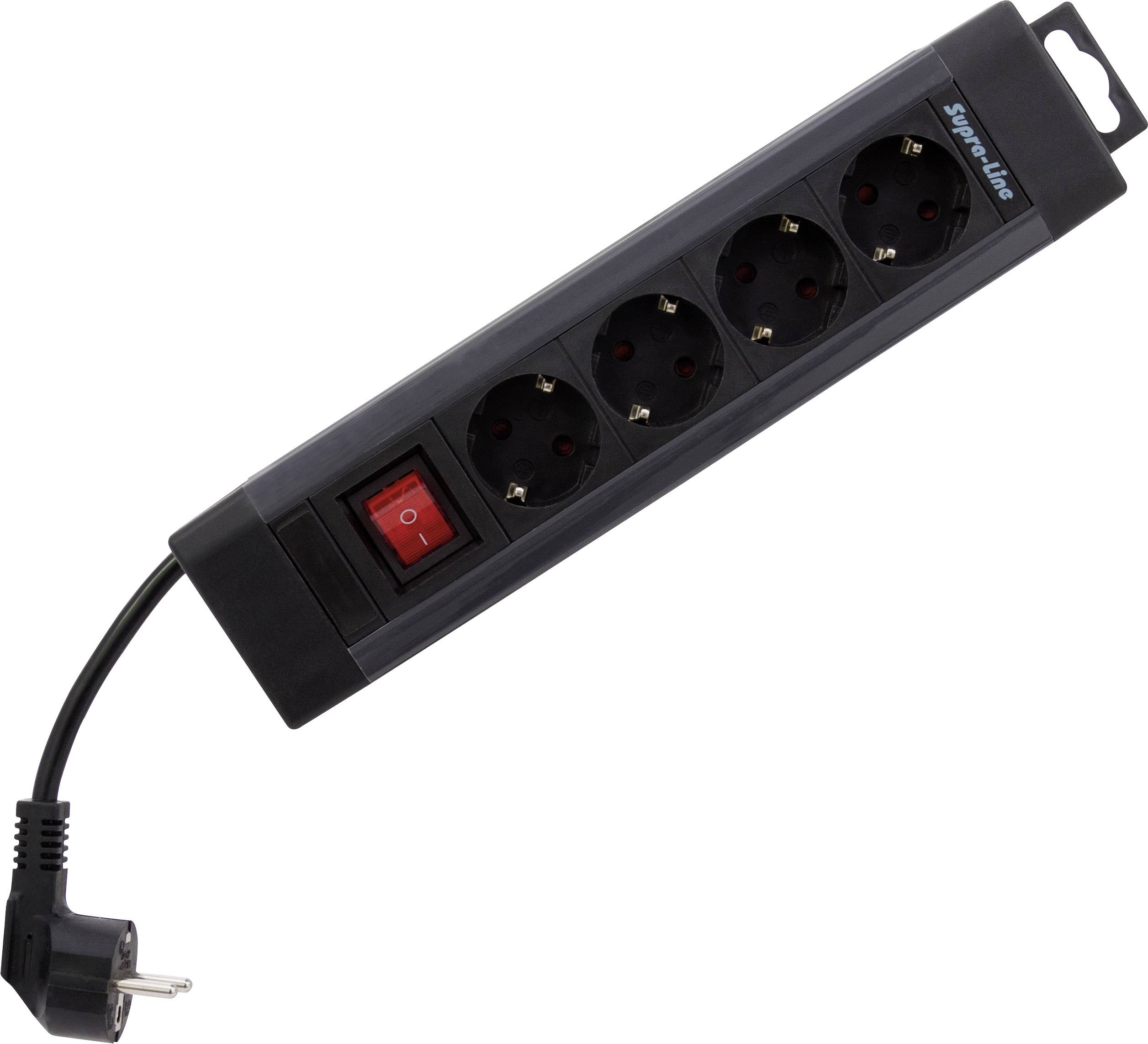 Black multi-socket extension with four plug sockets and a red on/off switch. Ideal for electronic devices.