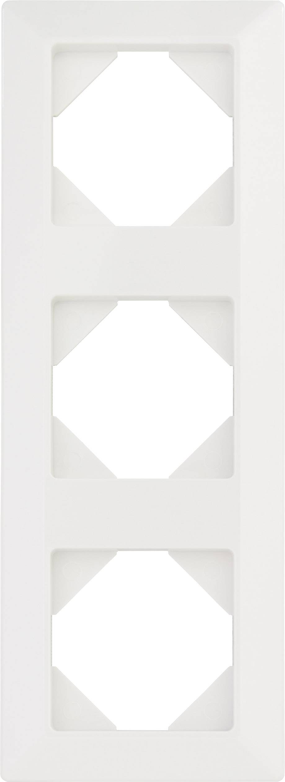 Triple frame for switches or sockets, rectangular, white, with space for three units, suitable for interior wall mounting.