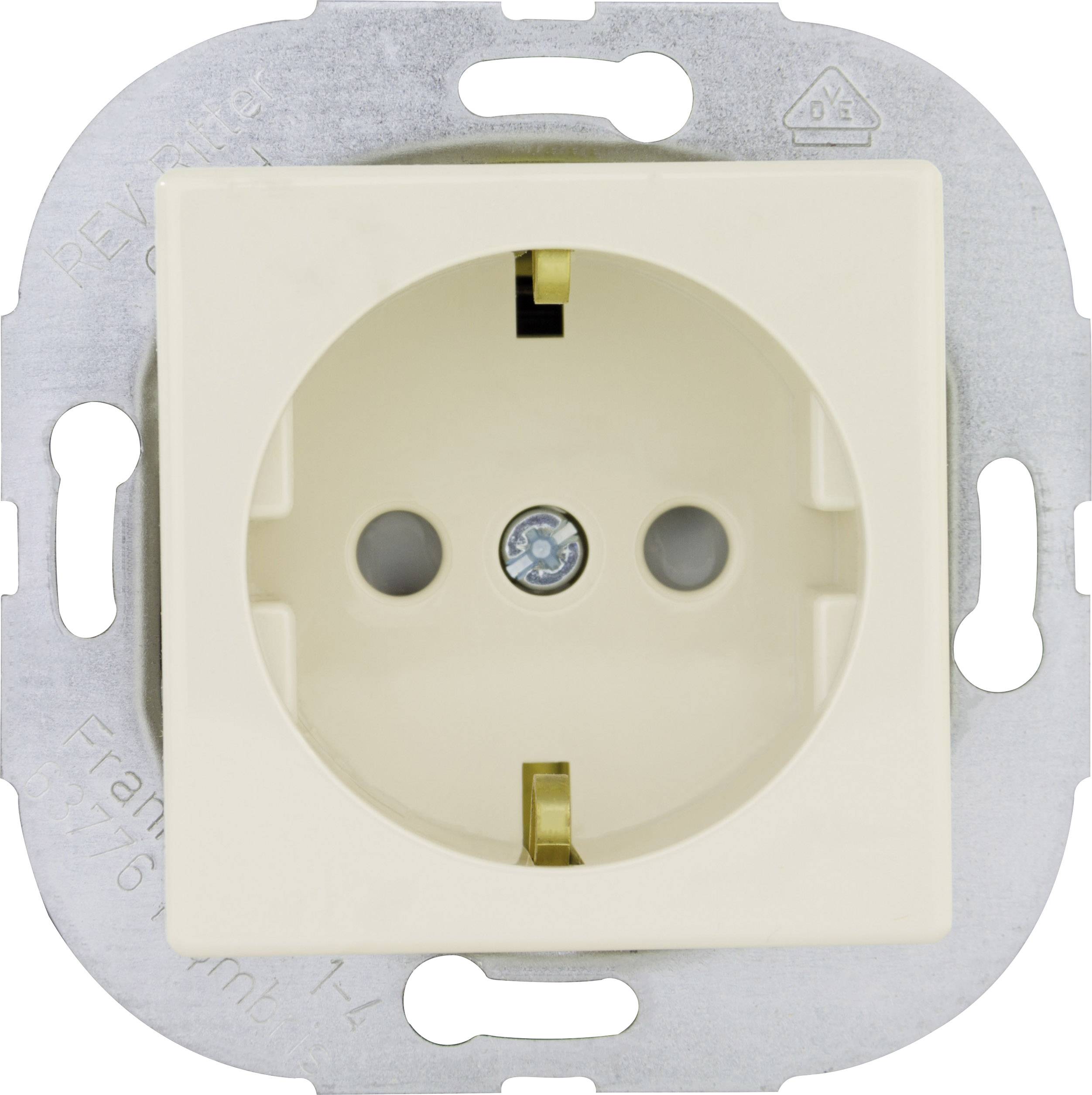 A beige socket in a metal mounting bracket, prepared for wall installation.