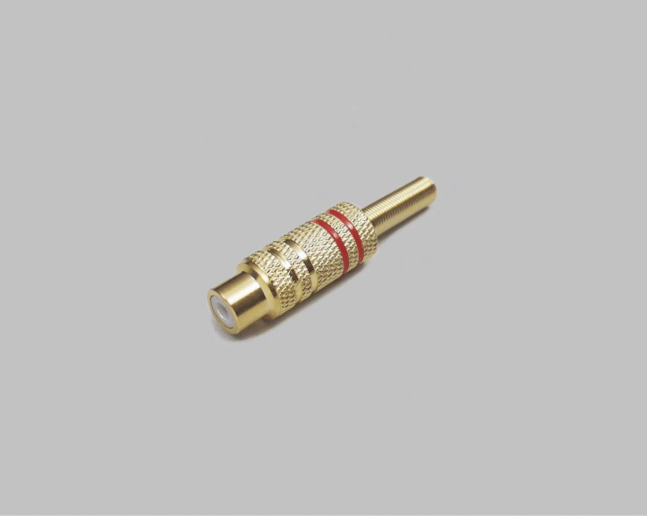 A gold-plated metal pin with a ridged surface and a red ring on a grey background.
