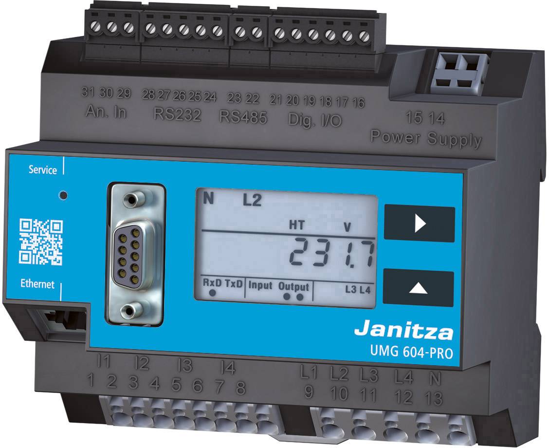 Electricity meter with digital display showing '231.7'. Connection options at the top; label 'Janitza UMG 604-PRO' visible on the right.