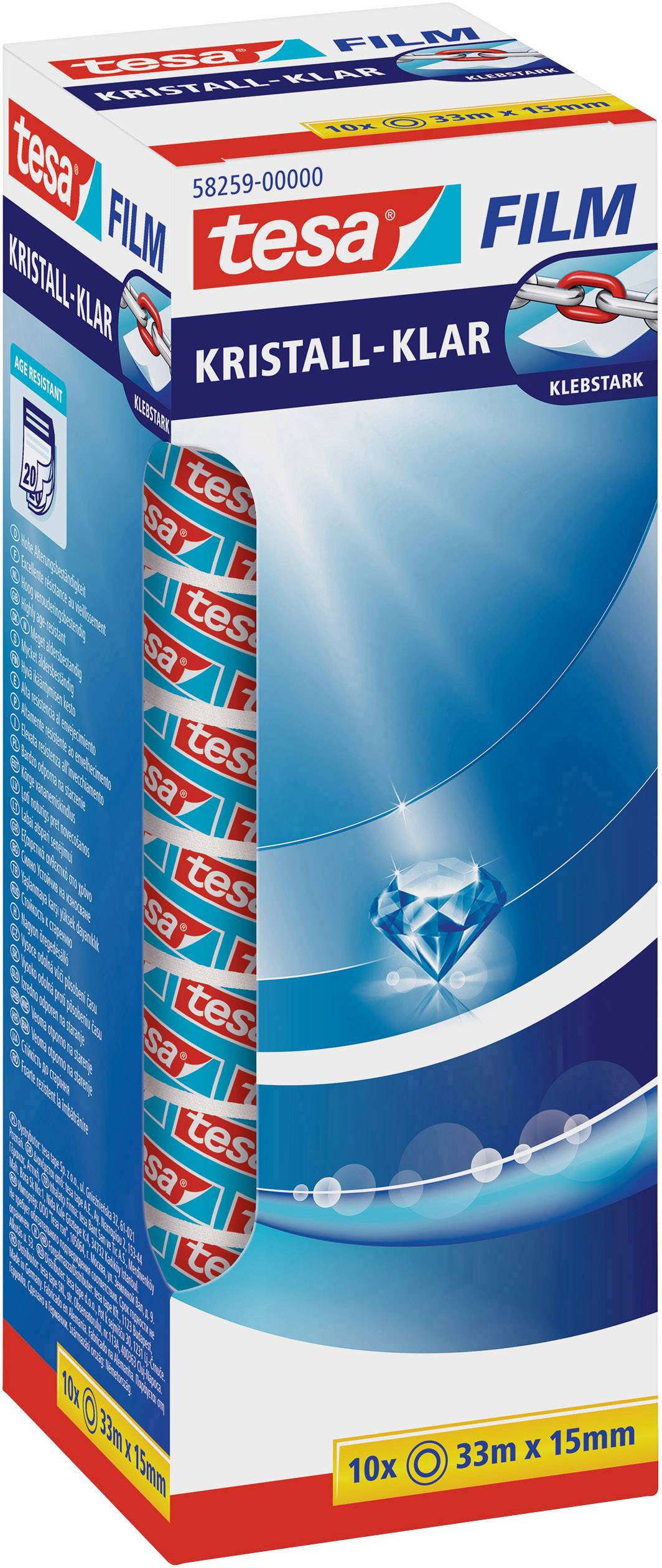 A pack of clear adhesive tape by the brand 'tesa', labelled 'Crystal Clear'. The tape is 10 rolls of 33 m x 15 mm.