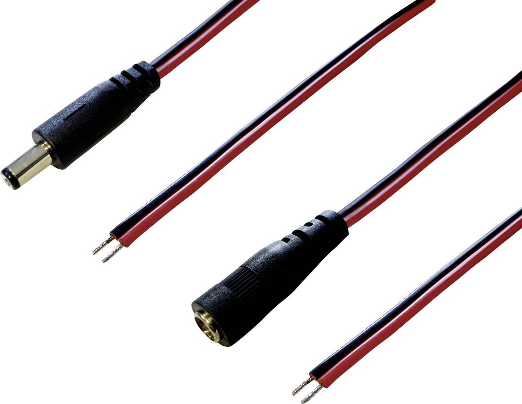 Three different DC plugs with red and black cable. Top left a plug, next to it a socket, below an open cable end.