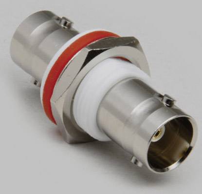 A metal BNC coupling part with an orange and white seal against a neutral background.