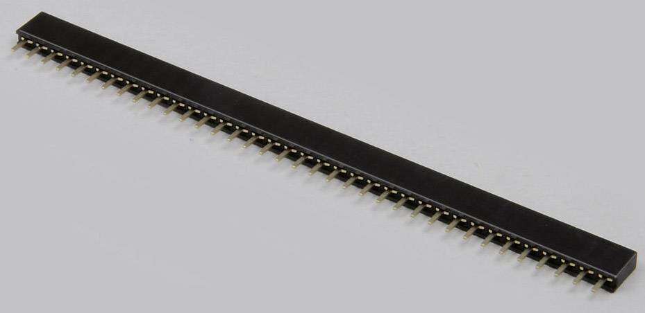 Row of pin headers, black with gold-plated connector pins, on a grey background. Electronic component for connections.