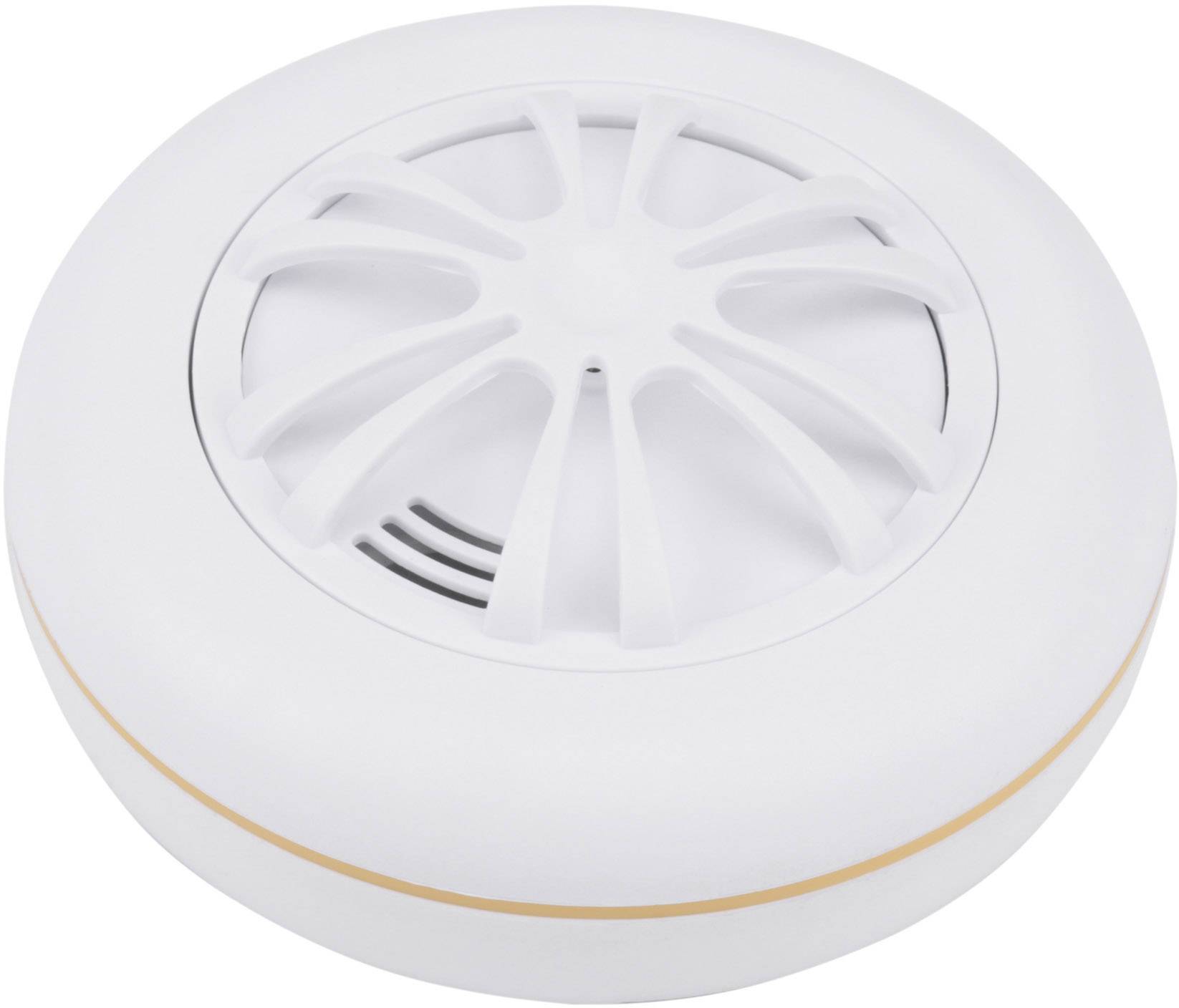 A white smoke detector with a round, modern design and ventilation slots at the top.