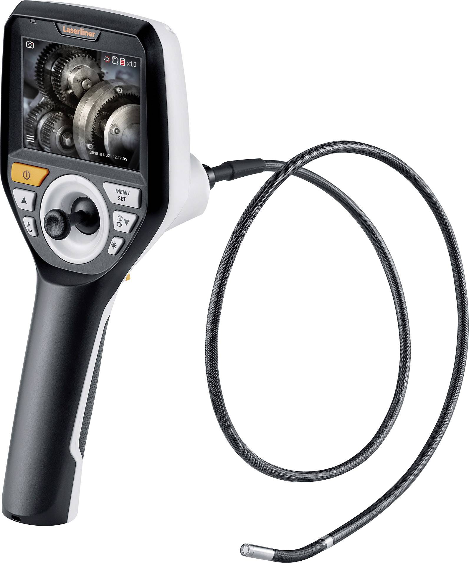 Endoscope camera with monitor and flexible cable for inspecting hard-to-reach locations. Gears are visible on the screen.