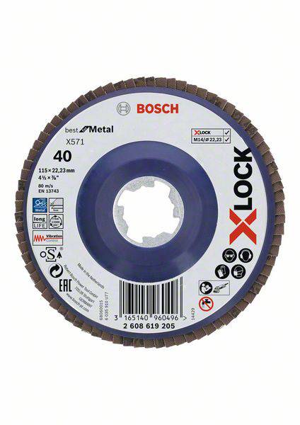 Sanding flap disc, Bosch X-Lock, Grit 40, Diameter 115 mm. Suitable for metalworking.