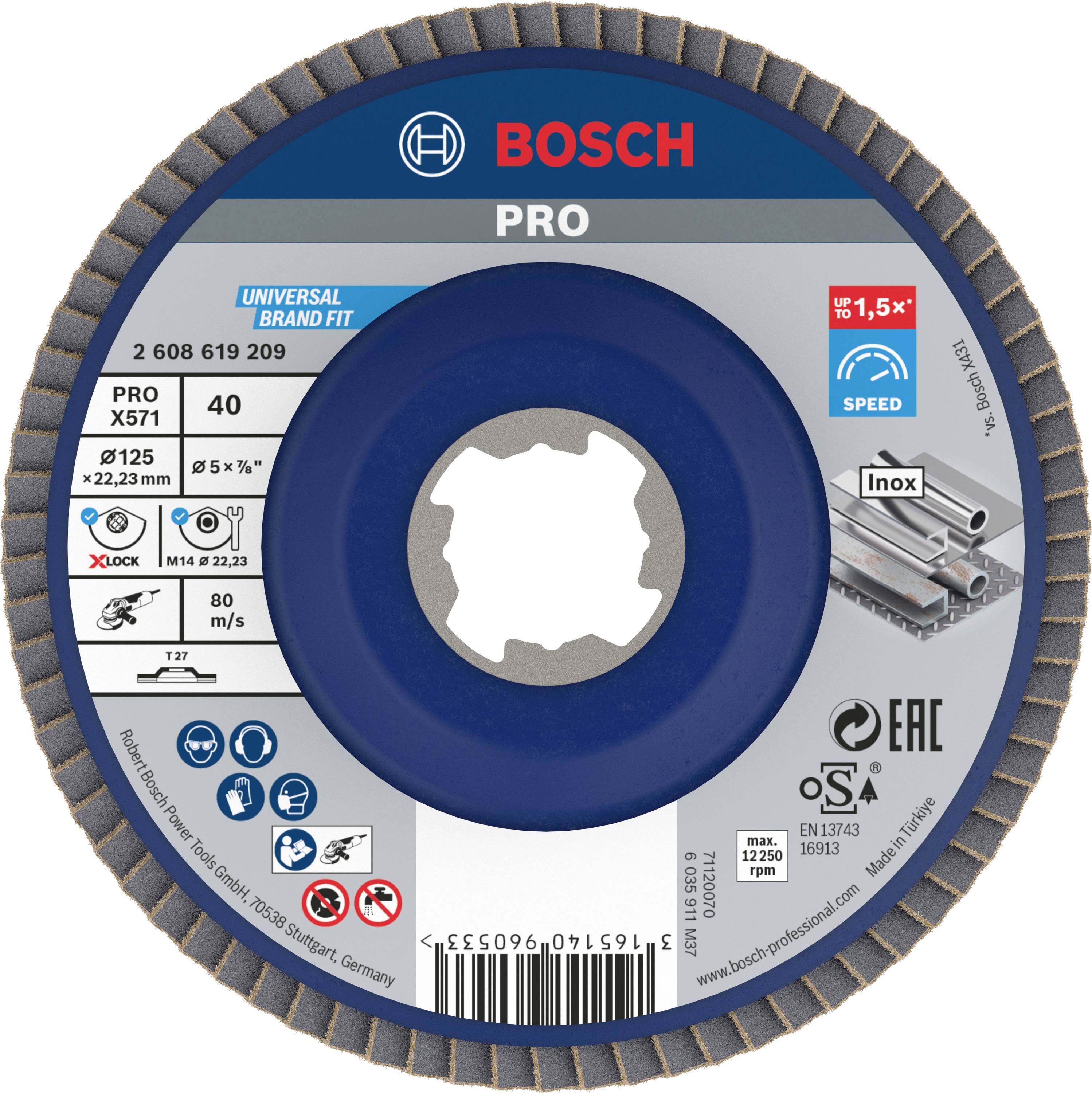 Bosch cutting disc, 125 mm diameter, suitable for stainless steel. Important: High cutting speed, X-LOCK compatible.