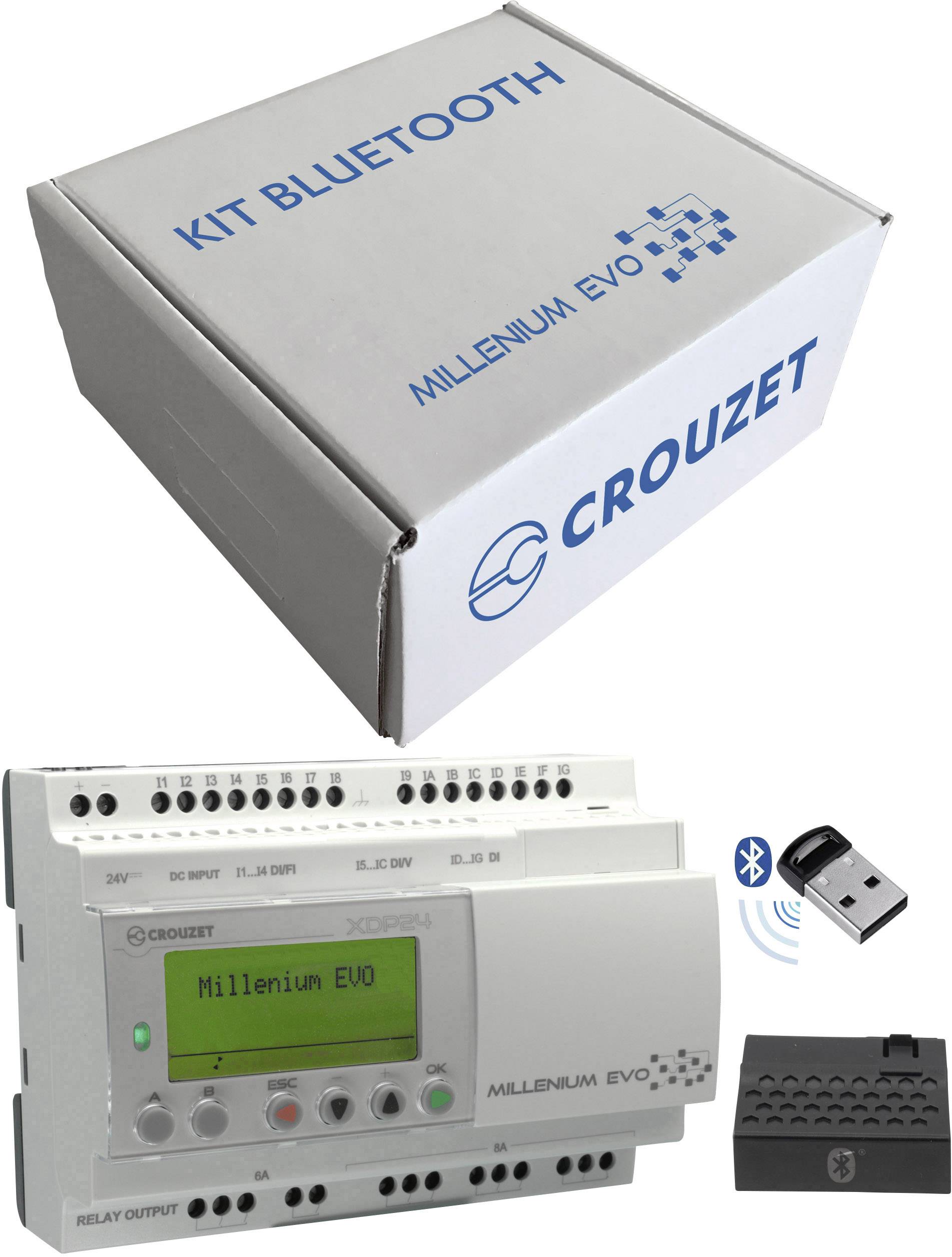 A Crouzet Millenium EVO Bluetooth kit with controller, USB dongle, and packaging.
