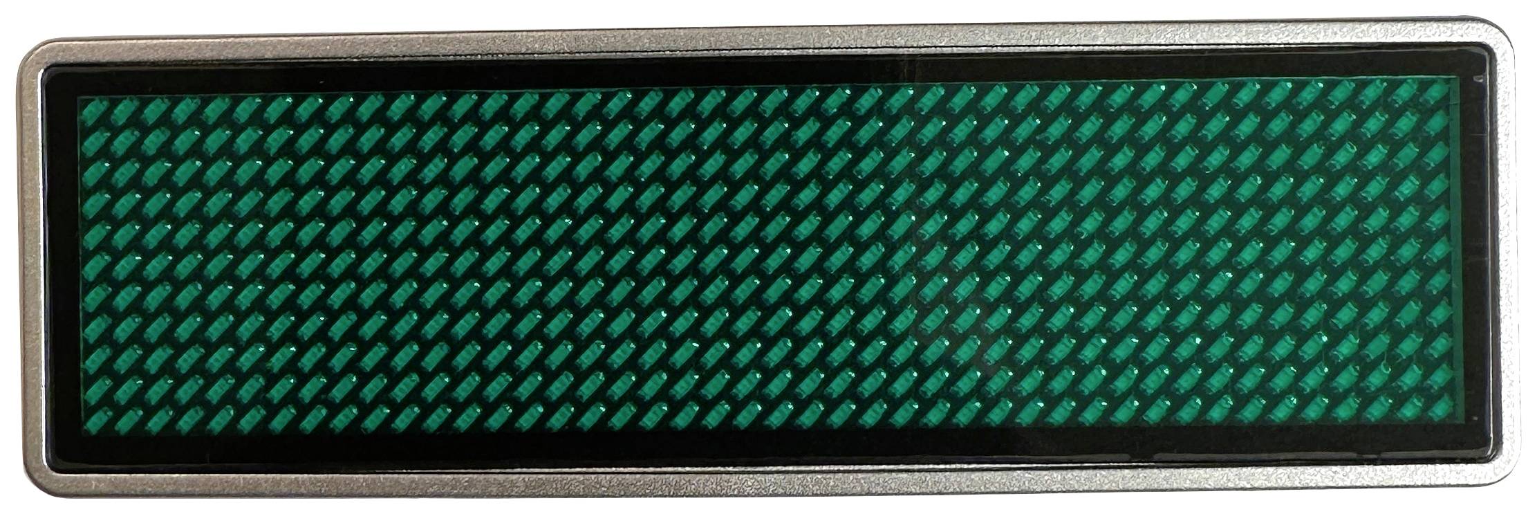 A rectangular, green LED display in a silver frame, used for displaying information or messages.