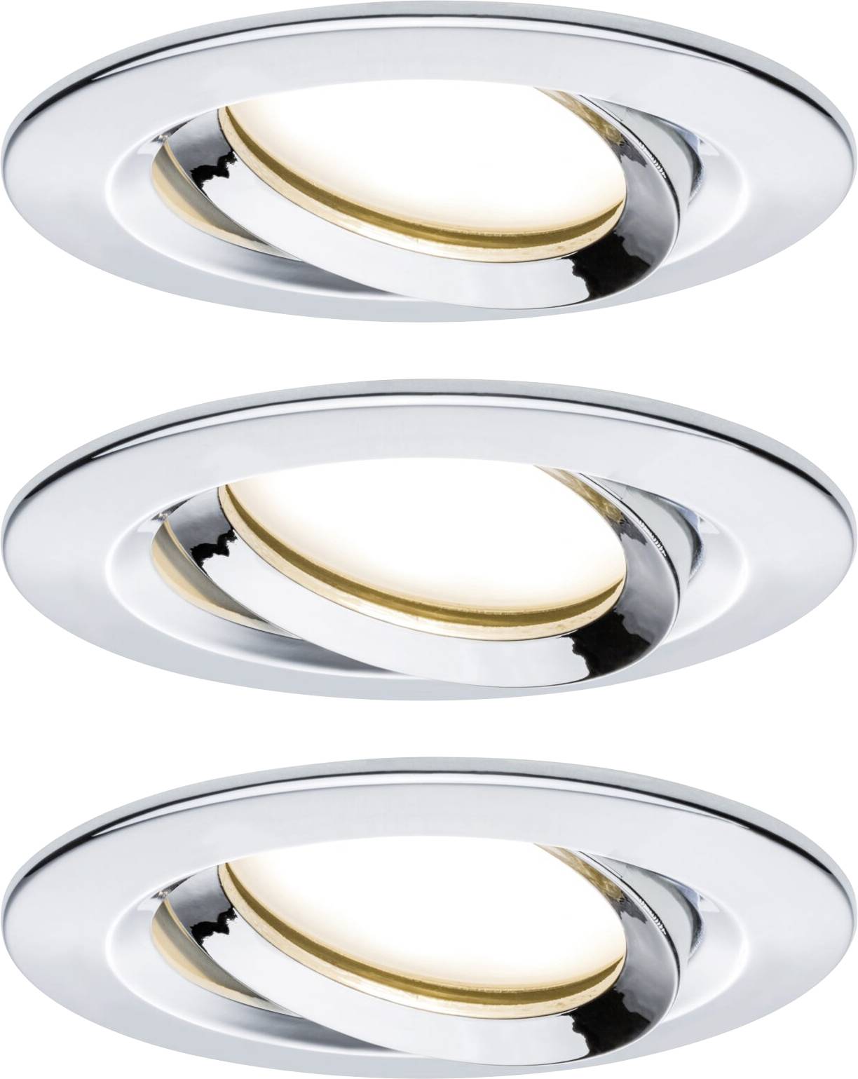 Three round, recessed ceiling spotlights made of gleaming metal, slightly angled. Lighting in warm white.