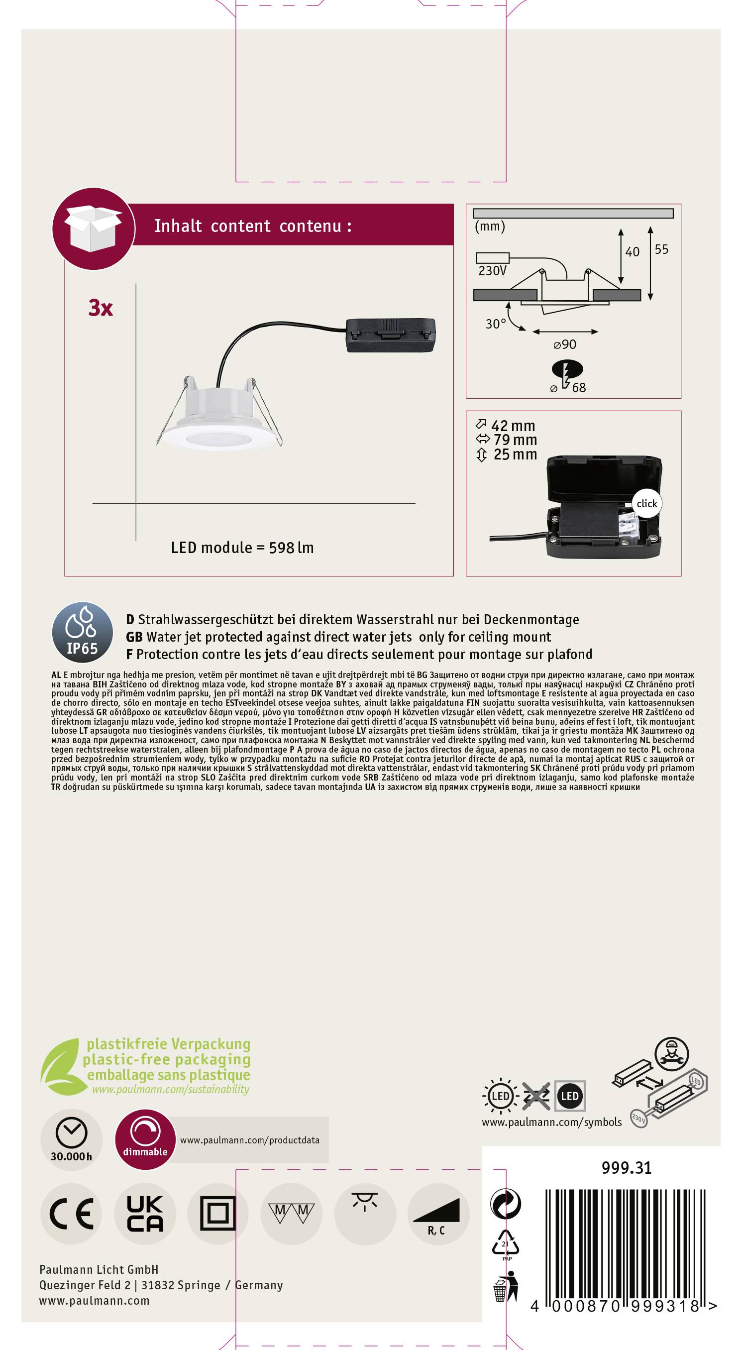 Paulmann Calla LED bathroom recessed light 3-piece set 19.5 W IP65 White (matt)
