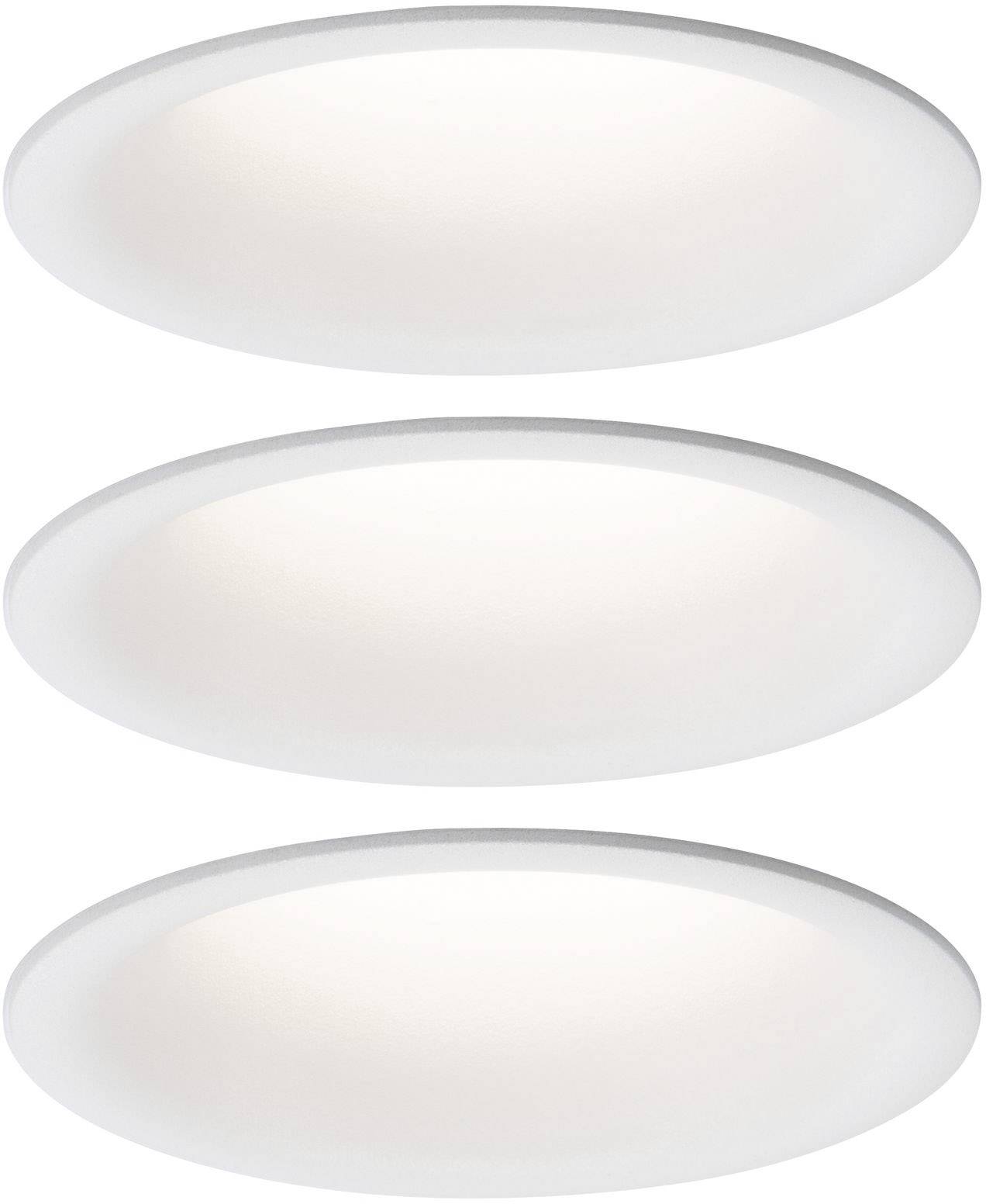 Three round LED ceiling lights with white light, arranged vertically. Ideal for uniform room illumination.