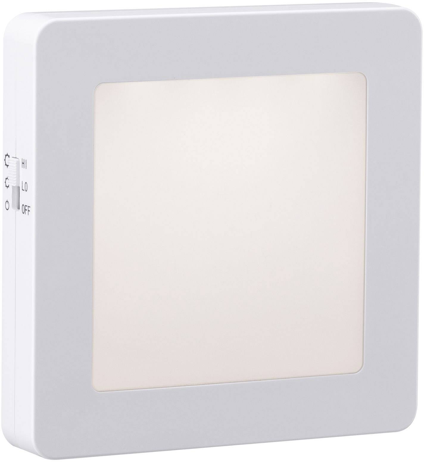 Square white LED light with a switch to select brightness between High, Low, and Off.