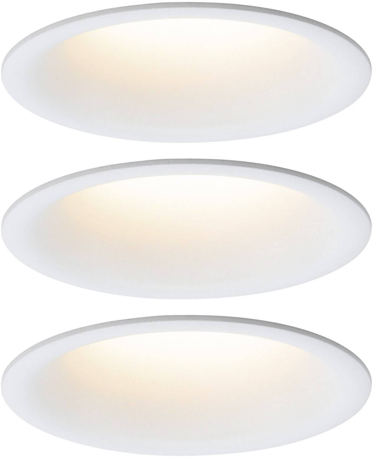 Three round, white ceiling lights in a vertical row, glowing warm white and creating a minimalist lighting effect.