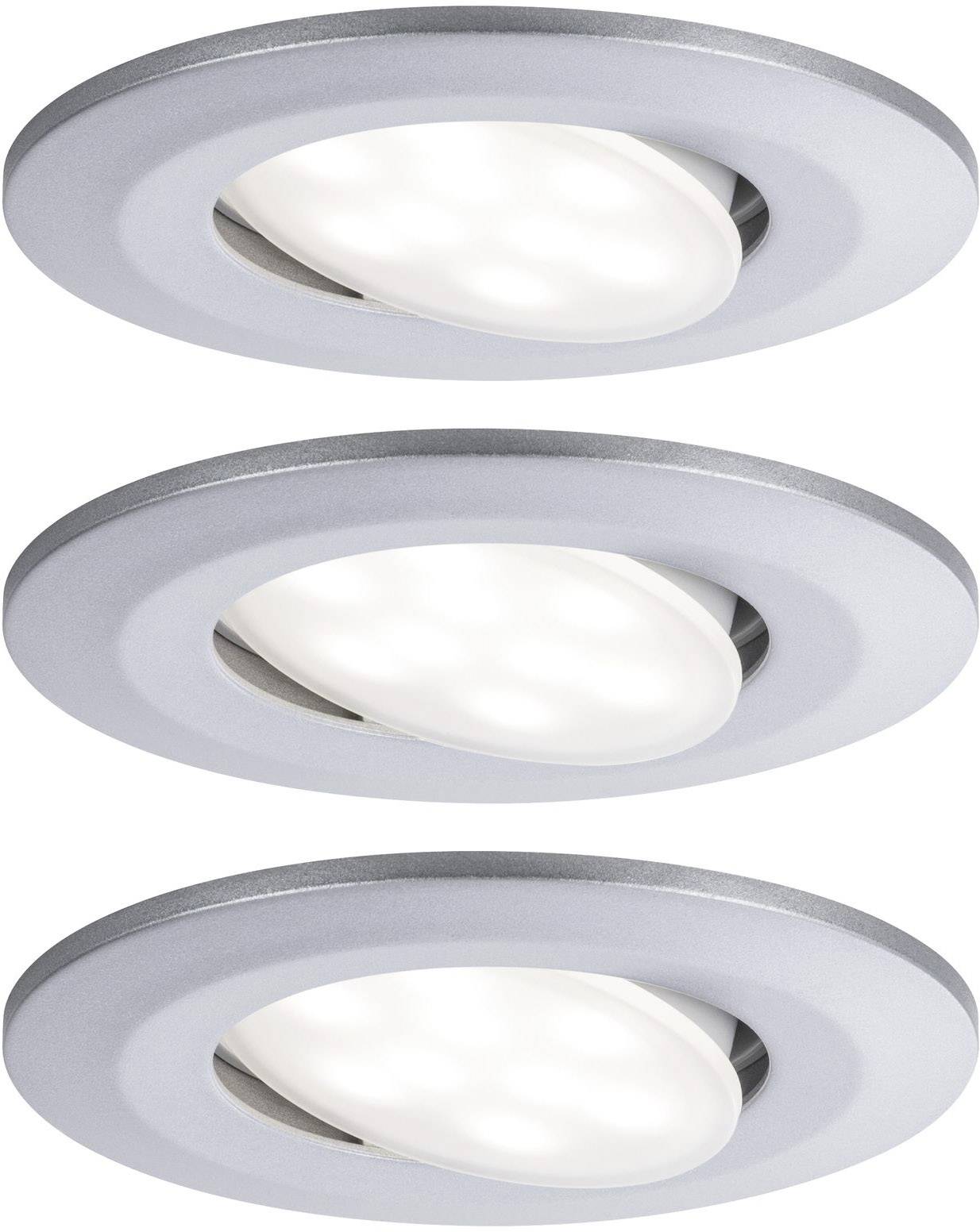 Three silver LED recessed lights in a row, switched on, with diffused light covers. Ideal for contemporary room lighting.