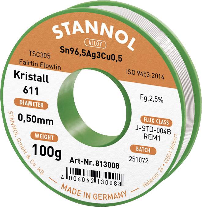 Label for a solder wire reel with details: 'Sn96.5Ag3Cu0.5', diameter '0.50 mm', weight '100 g', manufacturer 'STANNOL', 'Made in Germany'.