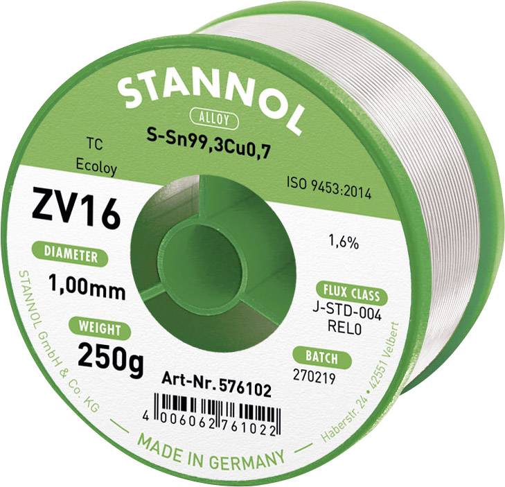 Solder tin reel with the inscription 'STANNOL ZV16'. Diameter: 1.00mm, Weight: 250g, Alloy: S-Sn99.3Cu0.7. Made in Germany.