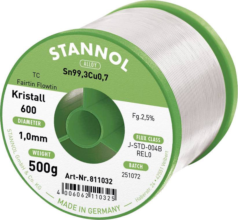 Solder Tin Reel by Stannol, Model 'Kristall 600'. Diameter 1.0 mm, Weight 500 g. Manufactured in Germany.