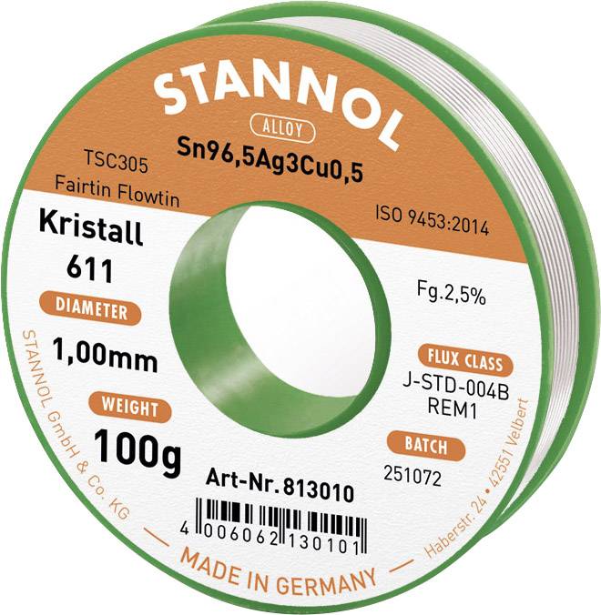 A reel of solder wire 'Stannol Kristall 611' with 1.00 mm diameter, 100 g weight, Sn96.5Ag3Cu0.5 alloy, manufactured in Germany.