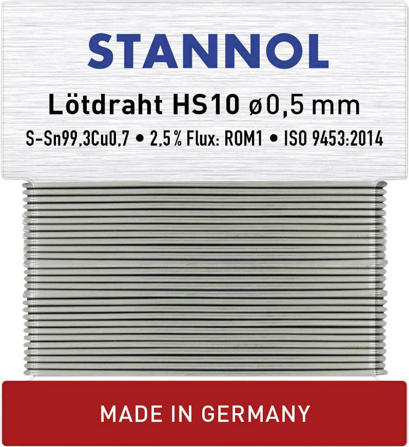 Stack of soldering rods, labelled with 'STANNOL Solder HS10 ø0.5 mm'. Red strip at the bottom with the text 'MADE IN GERMANY'.