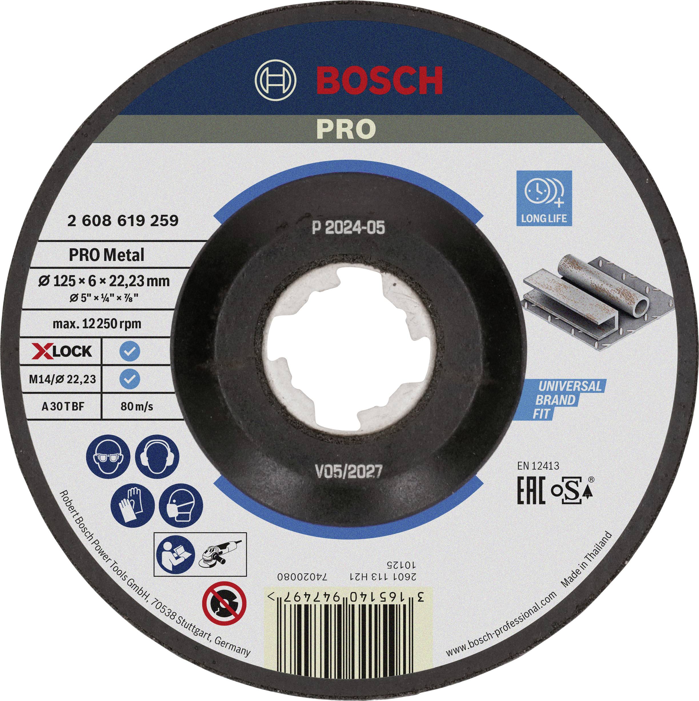 A Bosch Pro cutting disc for metal, diameter 125 mm, bore 22.23 mm. Suitable for angle grinders, long-lasting, universally applicable.