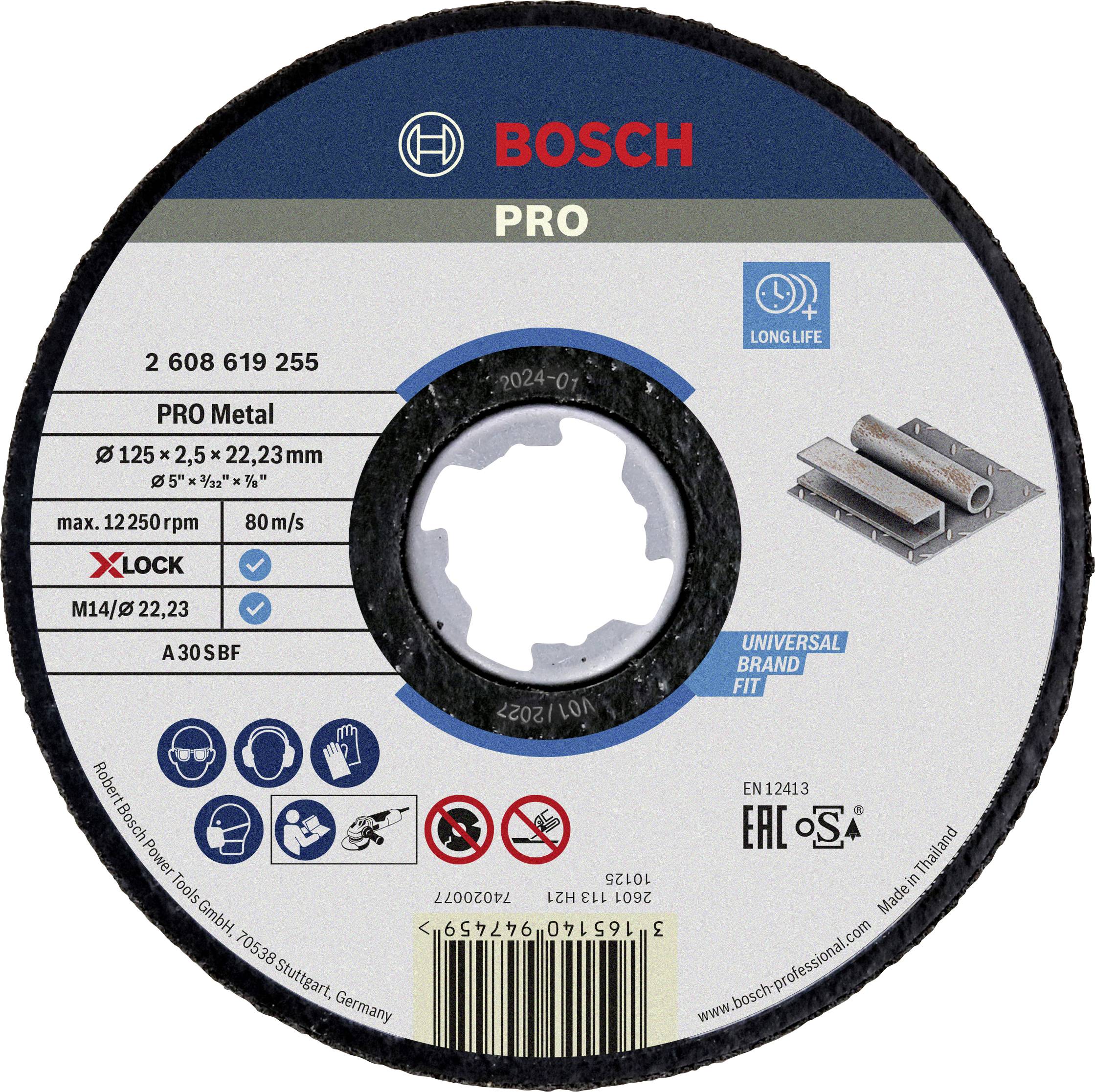 Bosch PRO grinding disc, 125 mm diameter, for metal, X-LOCK system, maximum speed 80 m/s, long-lasting.
